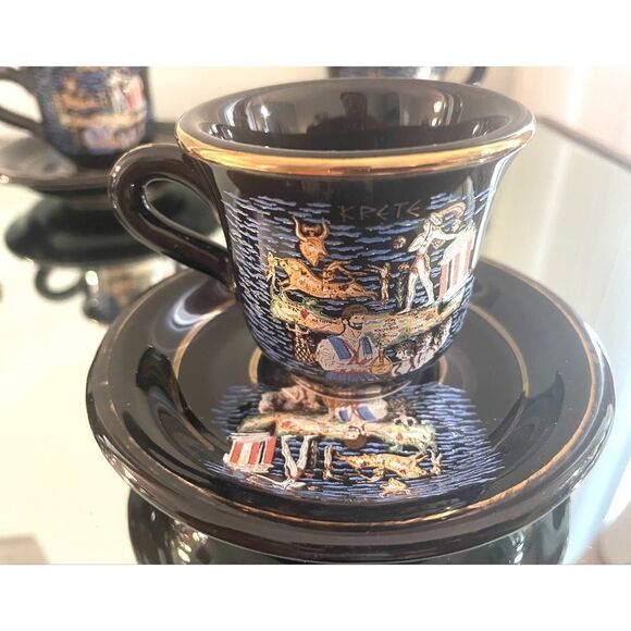 24k Gold Greek Krete Demistasse Teacups & Saucer Handmade in Greece Black/Gold - Picture 2 of 9